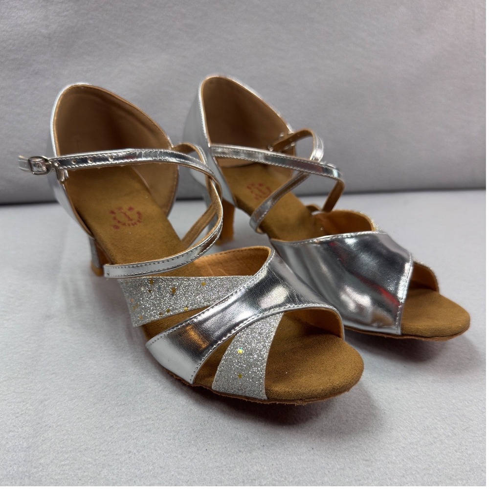 Wuzhiniao Silver Glitter Ballroom Dance‎ Shoes Women Size 43 Latin Salsa Heels